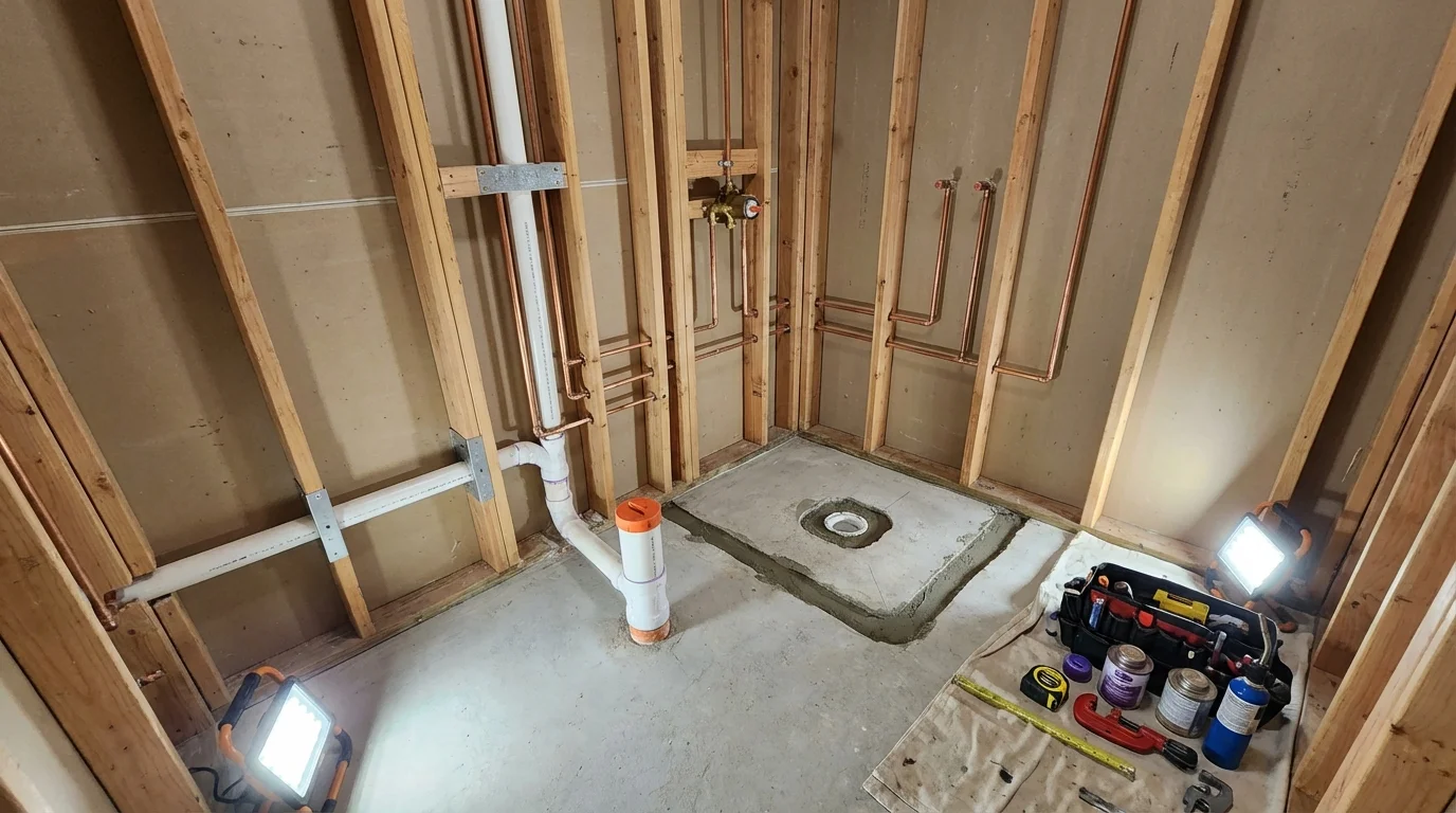 Bathroom rough-in plumbing during remodel by Johns Plumbing LLC in Skippack