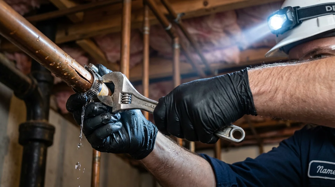 Emergency pipe clamp repair being performed by a Johns Plumbing LLC plumber in Skippack